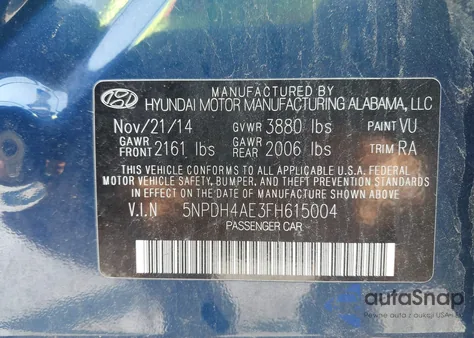 2015 Hyundai Elantra Limited z USA, uszkodzony, nr VIN 5NPDH4AE3FH615004